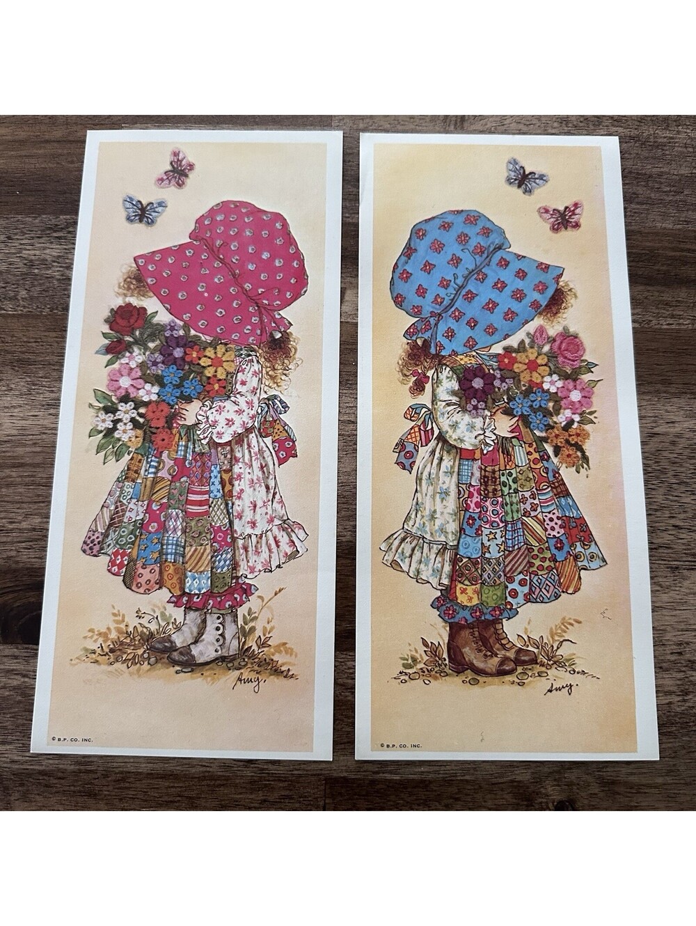 2 Vtg 1970 Holly Hobbie Decoupage Ephemera Red Blue Bonnet Print 4.5”X 10.5” Amy